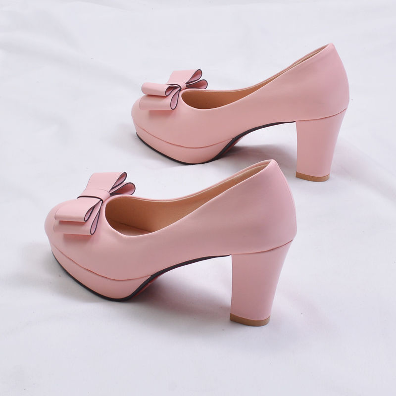 Shallow Bowknot White Thick Heel High Heel Shoes