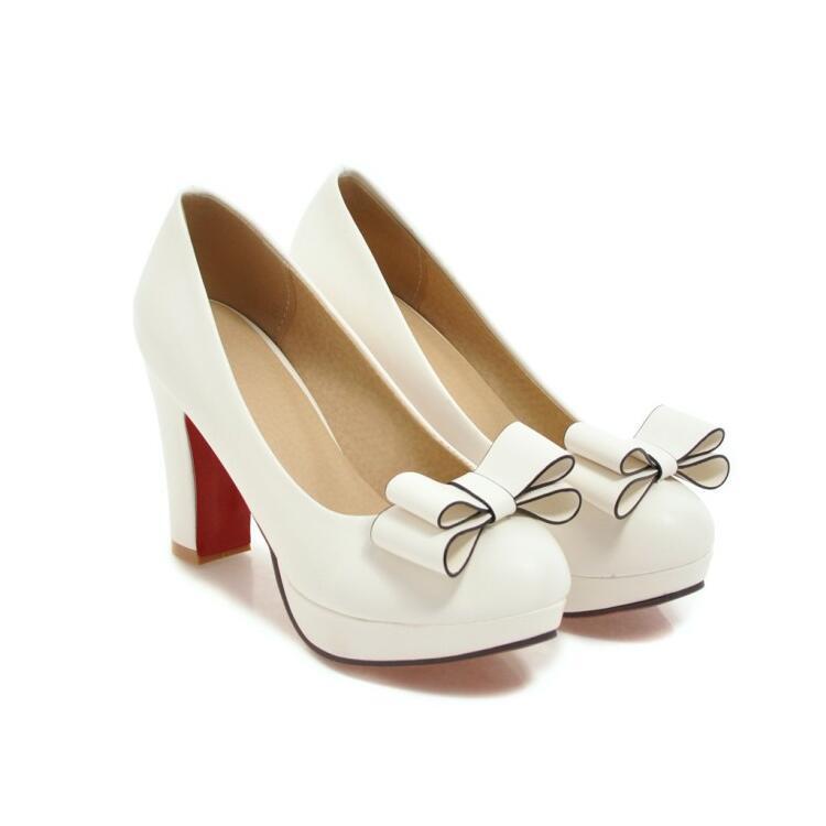 Shallow Bowknot White Thick Heel High Heel Shoes