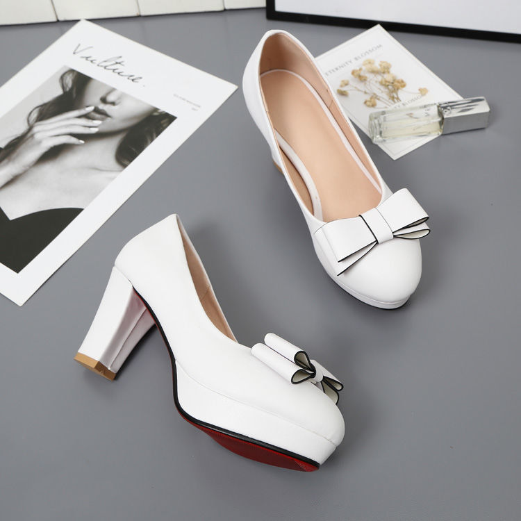 Shallow Bowknot White Thick Heel High Heel Shoes